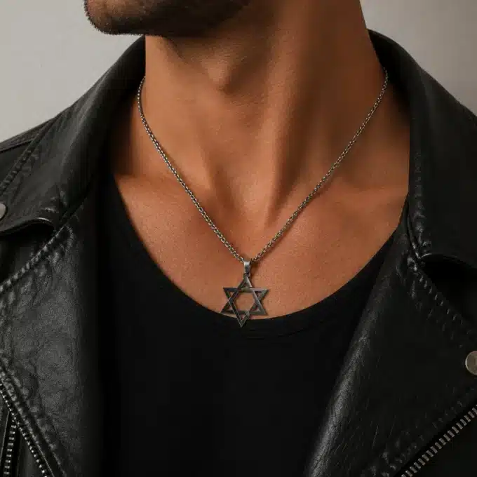N3362 Collier Etoile De David pour homme Acier argenté - Bijoux colliers himmes en ligne Ninanina