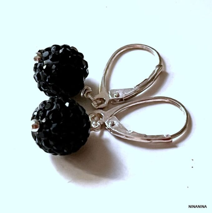 N3365 Boucles d'oreilles dormeuses Argent 925 boules cristal noir - Bijoux Boule d'oreille femme en ligne Ninanina