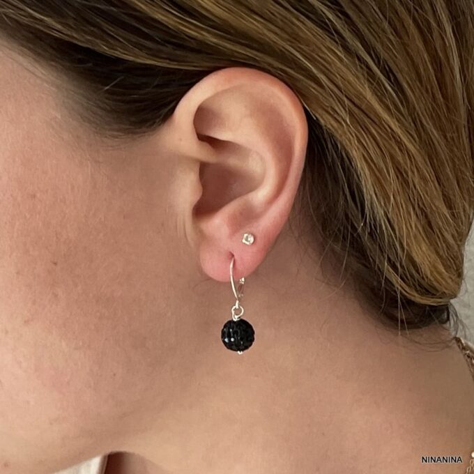 N3365c Boucles d'oreilles dormeuses Argent 925 boules cristal noir - Bijoux Boule d'oreille femme en ligne Ninanina