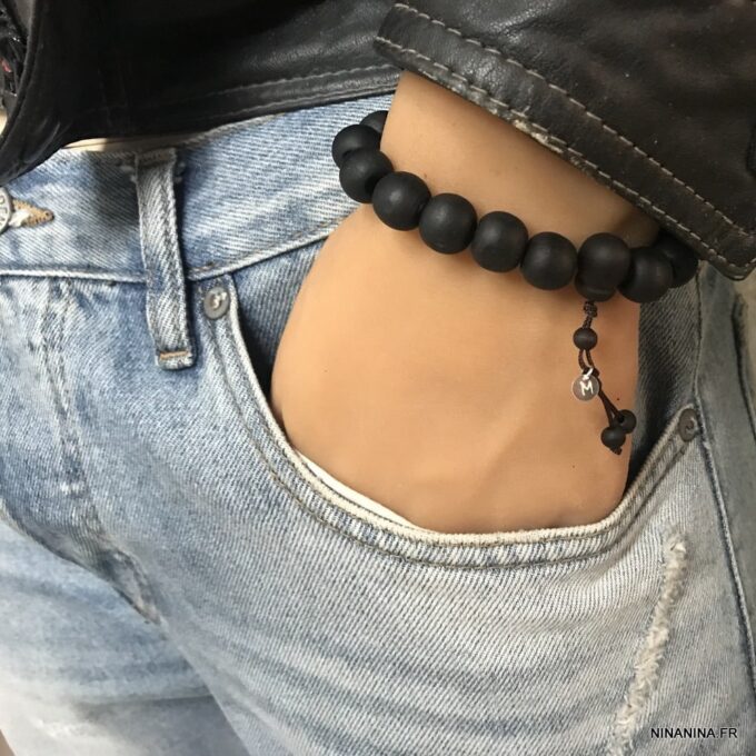 N3372c Bracelet bois personnalisé perle noire et argent - Bijoux Bracelets en ligne Ninanina