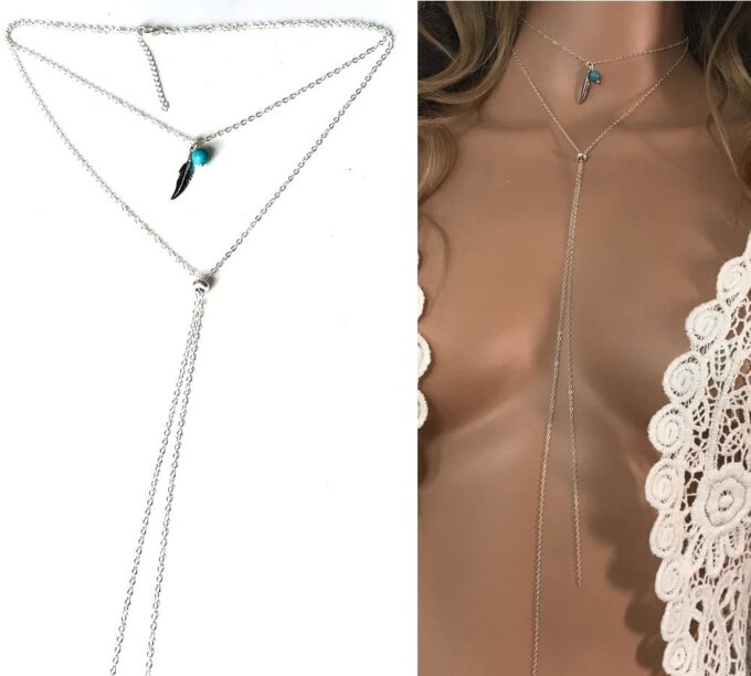 N3388 Collier double rang Argent 925 plume Et Turquoise - Bijoux Colliers en ligne Ninanina