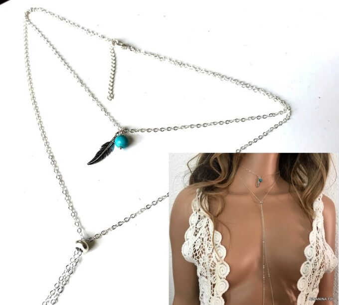 N3388b Collier double rang Argent 925 plume Et Turquoise - Bijoux Colliers en ligne Ninanina