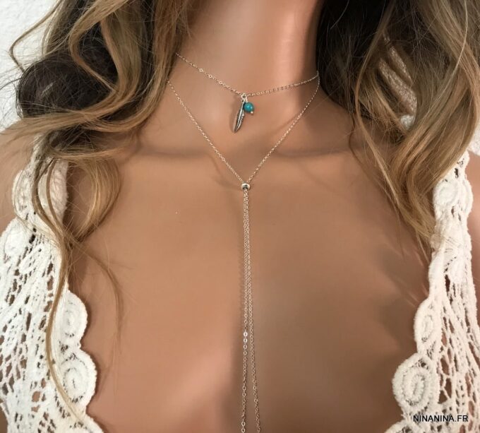 N3388g Collier double rang Argent 925 plume Et Turquoise - Bijoux Colliers en ligne Ninanina