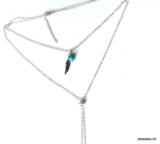 N3388h Collier double rang Argent 925 plume Et Turquoise - Bijoux Colliers en ligne Ninanina