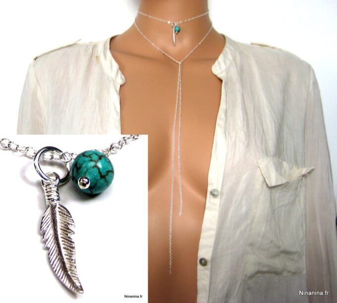 N3388ter colier plume argent massif et turquoise