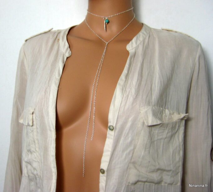 N3388terd colier plume argent massif et turquoise