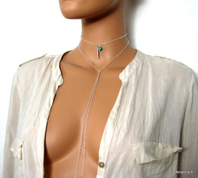 N3388tere colier plume argent massif et turquoise