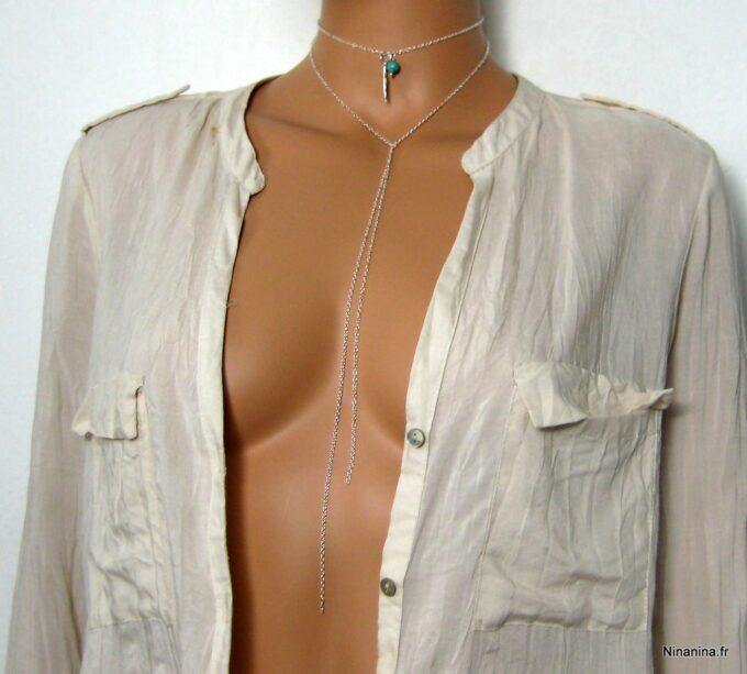 N3388terf colier plume argent massif et turquoise