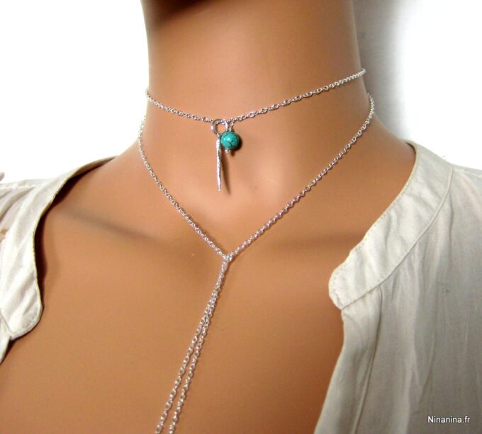 N3388terg colier plume argent massif et turquoise