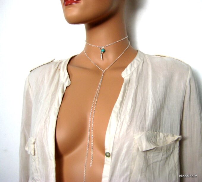 N3388terh colier plume argent massif et turquoise