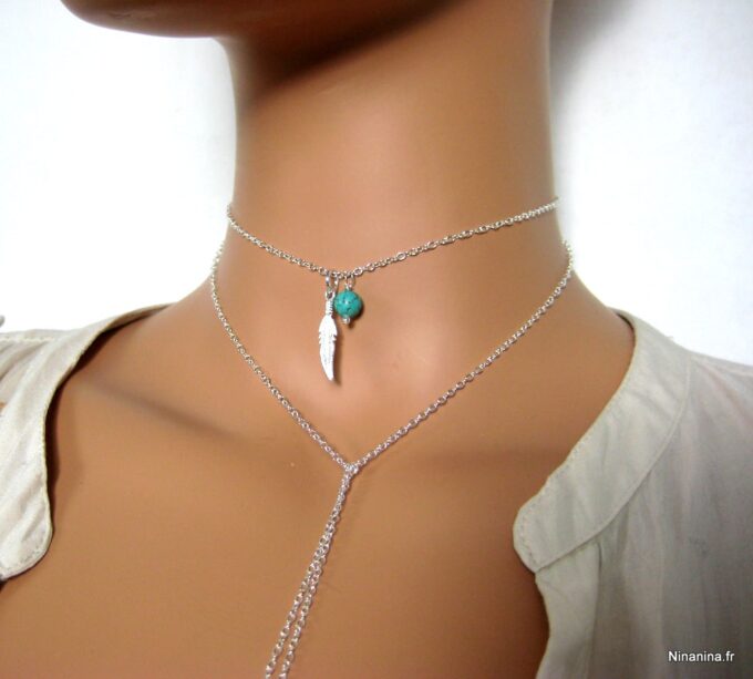 N3388teri colier plume argent massif et turquoise