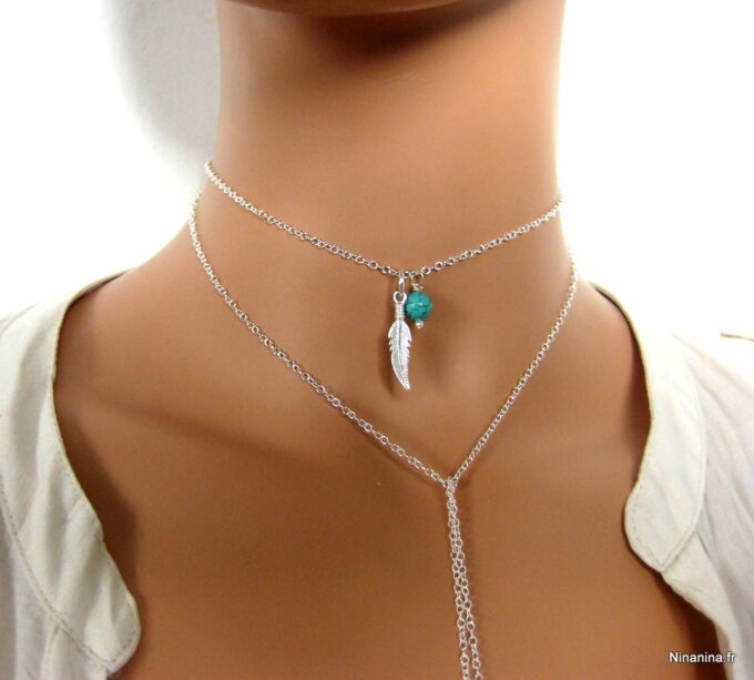 N3388terj colier plume argent massif et turquoise