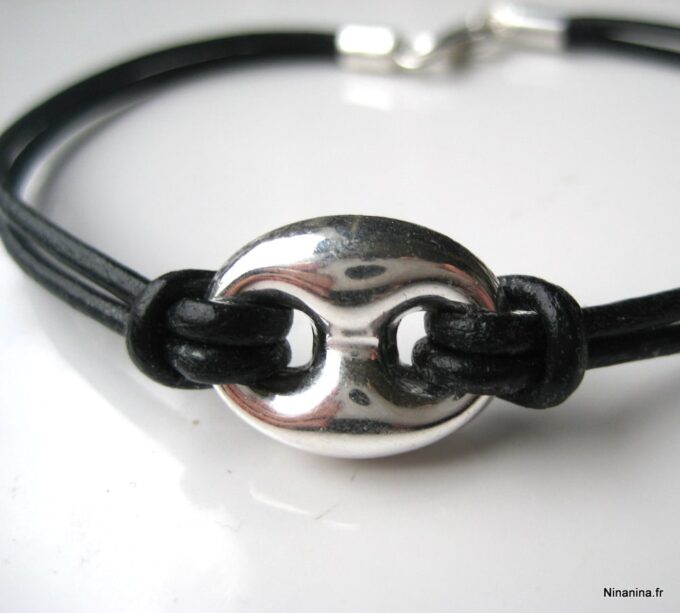 N3389 bracelet cuir et grain de café argent massif