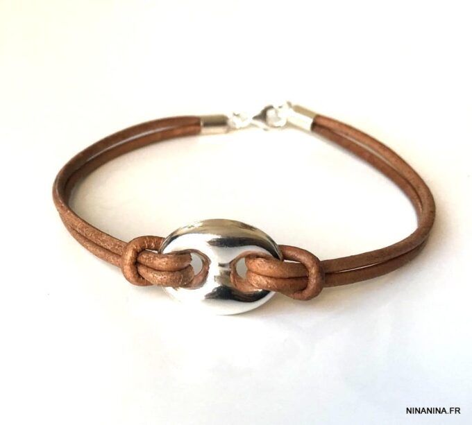 N3389 Bracelet grain de café Argent 925 massif cordon cuir noir - Bijoux Bracelets en ligne Ninanina