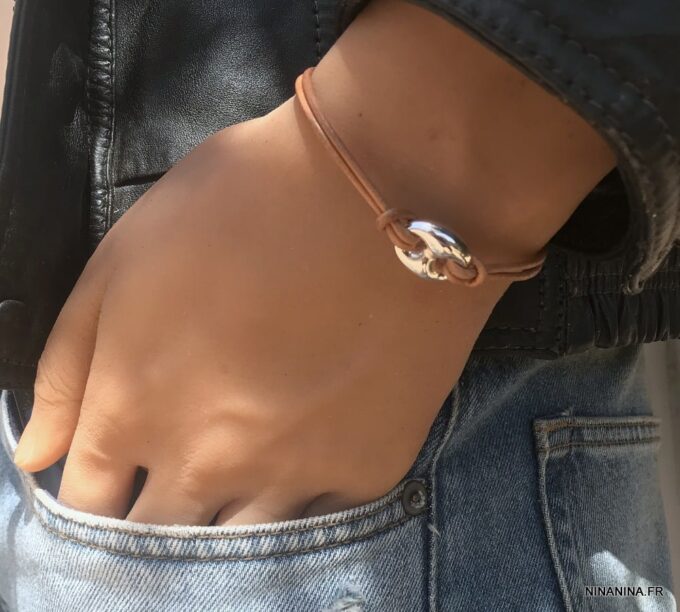 N3389a Bracelet grain de café Argent 925 massif cordon cuir noir - Bijoux Bracelets en ligne Ninanina