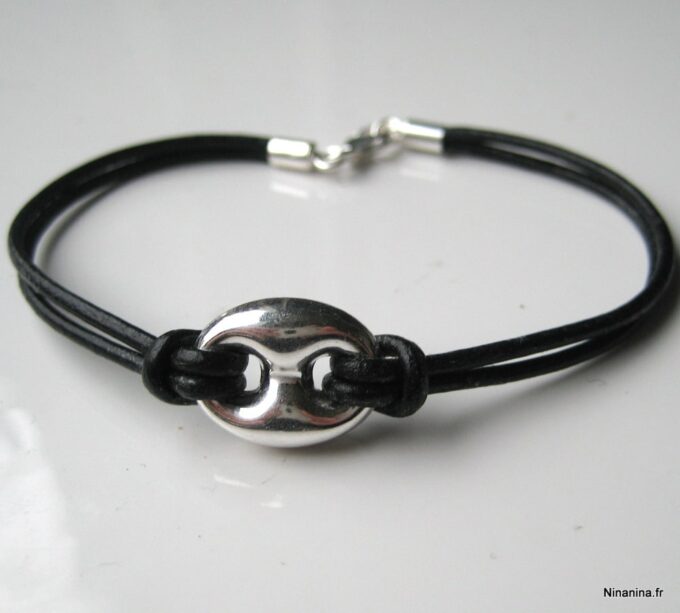 N3389b bracelet cuir et grain de café argent massif