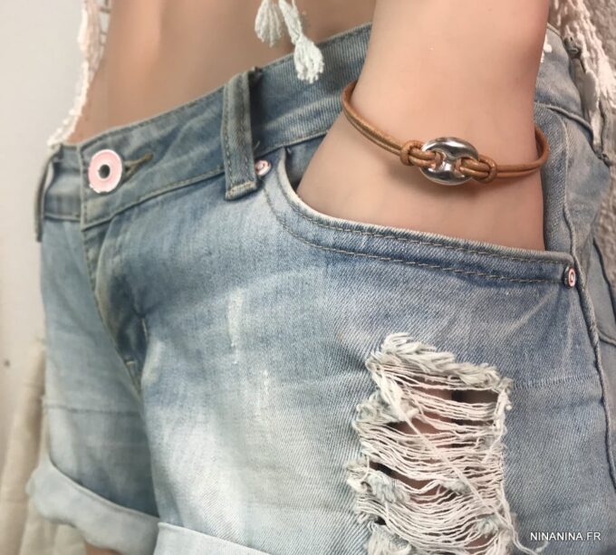 N3389b Bracelet grain de café Argent 925 massif cordon cuir noir - Bijoux Bracelets en ligne Ninanina