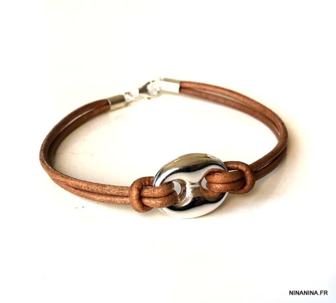 N3389f Bracelet grain de café Argent 925 massif cordon cuir noir - Bijoux Bracelets en ligne Ninanina