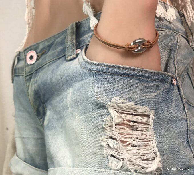 N3389h Bracelet grain de café Argent 925 massif cordon cuir noir - Bijoux Bracelets en ligne Ninanina