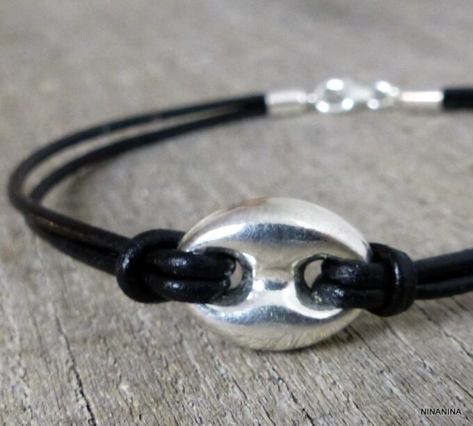 N3389ter bracelet cordon cuir grain de café argent massif