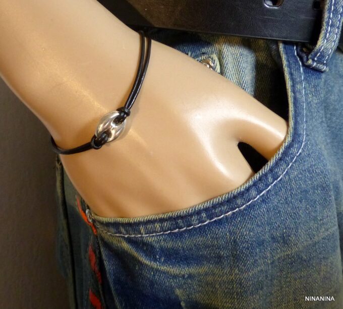 N3389terd bracelet cordon cuir grain de café argent massif