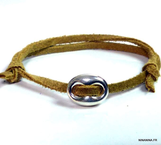 N3390 Bracelet Graine De Café Argent 925 Artisanal - Lacet Réglable Par Noeuds Coulissants - Bijoux bracelets en ligne Ninanina