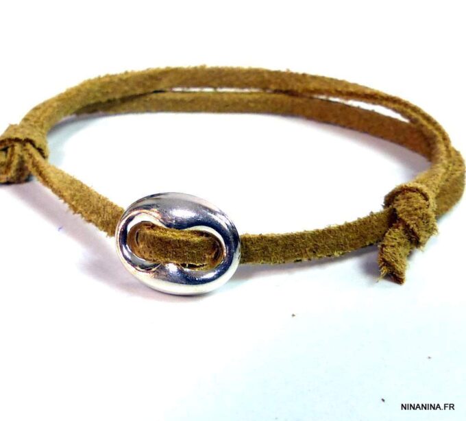 N3390a Bracelet Graine De Café Argent 925 Artisanal - Lacet Réglable Par Noeuds Coulissants - Bijoux bracelets en ligne Ninanina