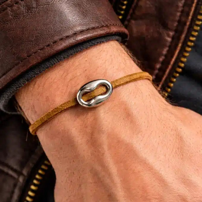 N3390c Bracelet Graine De Café Argent 925 Artisanal - Lacet Réglable Par Noeuds Coulissants - Bijoux bracelets en ligne Ninanina