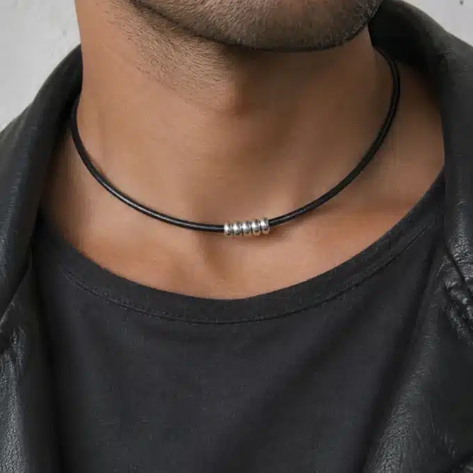 N3391 Collier cordon cuir minimaliste perles Argent 925 massif - Bijoux colliers hommes en ligne Ninanina