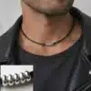 N3391b Collier cordon cuir minimaliste perles Argent 925 massif - Bijoux colliers hommes en ligne Ninanina