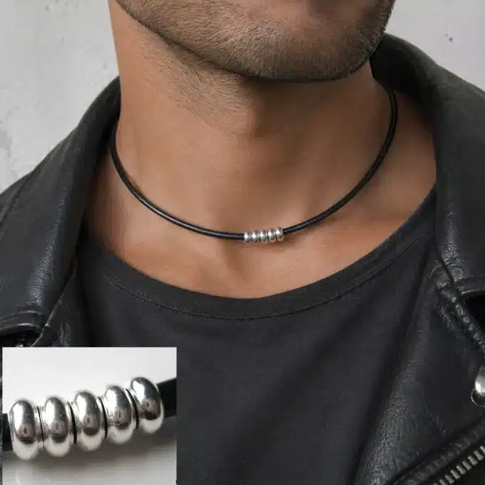 N3391b Collier cordon cuir minimaliste perles Argent 925 massif - Bijoux colliers hommes en ligne Ninanina