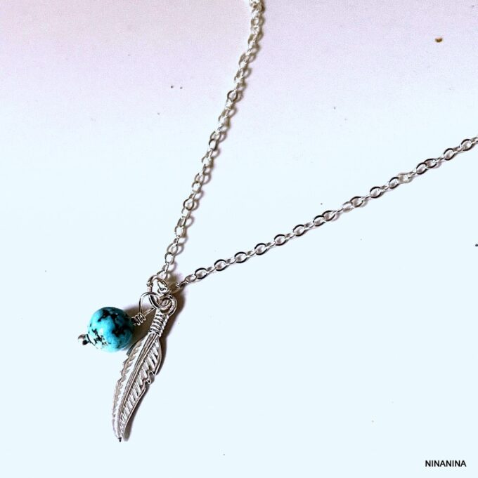 N3392a Chaine de taille pendentif plume Argent et turquoise - Bijoux de corps femmes en ligne Ninanina