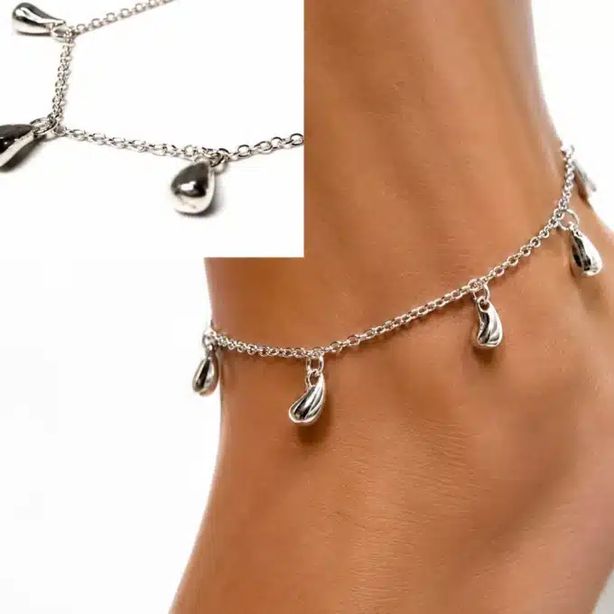N3397B Chaine de cheville femme breloques gouttes plaqué argent - Bijoux de pieds femmes en ligne Ninanina