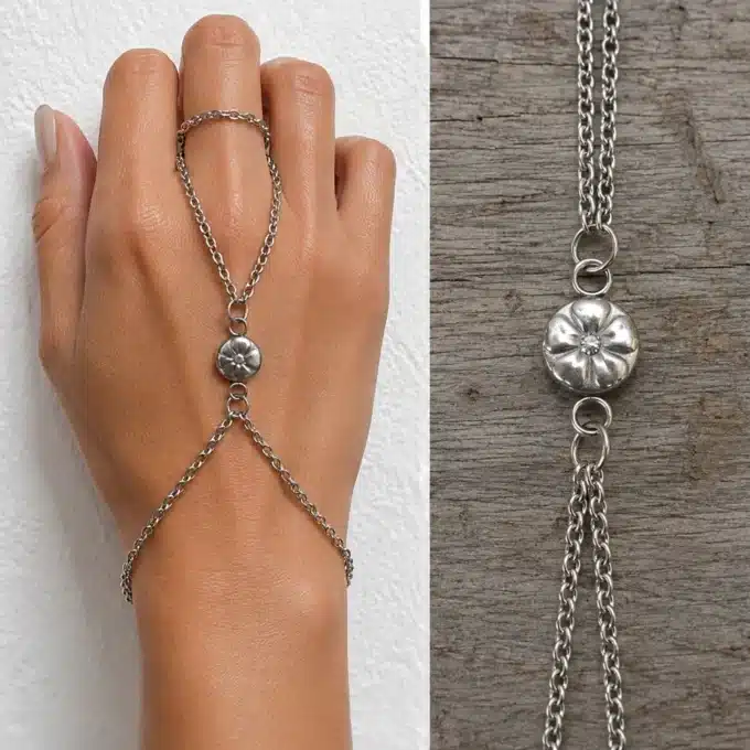 N3400a Chaine de main fleur acier inoxydable - bracelet bague argenté - Bijoux de mains femmes en ligne Ninanina