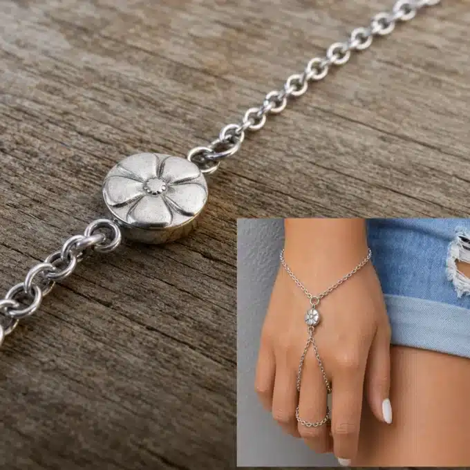 N3400b Chaine de main fleur acier inoxydable - bracelet bague argenté - Bijoux de mains femmes en ligne Ninanina