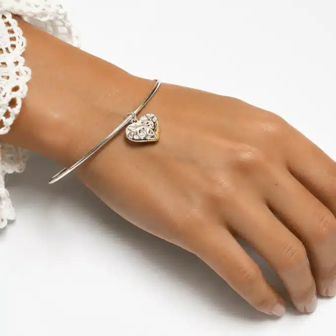 N3404a Bracelet jonc femme pendentif coeur filigrané plaqué Argent - Bijoux bracelets femmes en ligne Ninanina