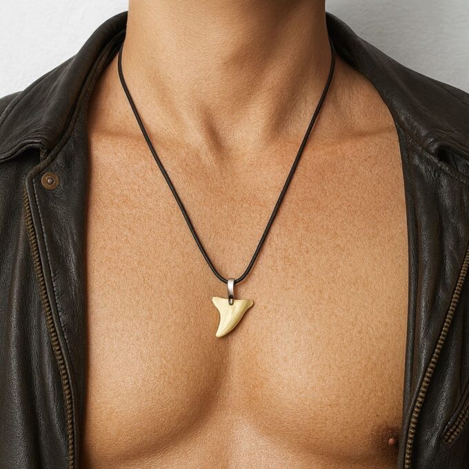 N3411a Collier homme cordon cuir dent de requin argent massif – Bijoux Colliers Tribals en ligne Ninanina