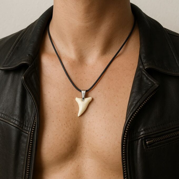 N3411b Collier homme cordon cuir dent de requin argent massif – Bijoux Colliers Tribals en ligne Ninanina