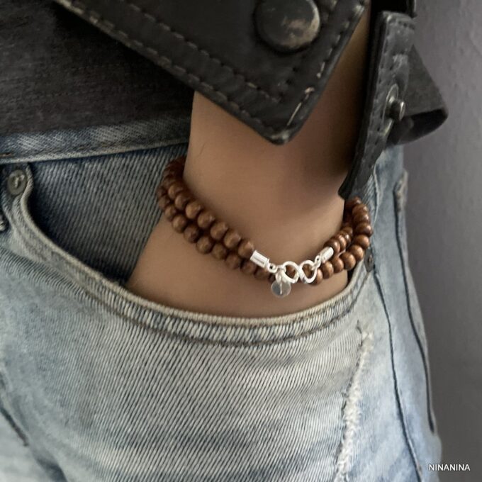 N3417c Bracelet Argent Infini Personnalisé Lettre Perles Bois - Bijoux Bracelets personnalisés en ligne Ninanina