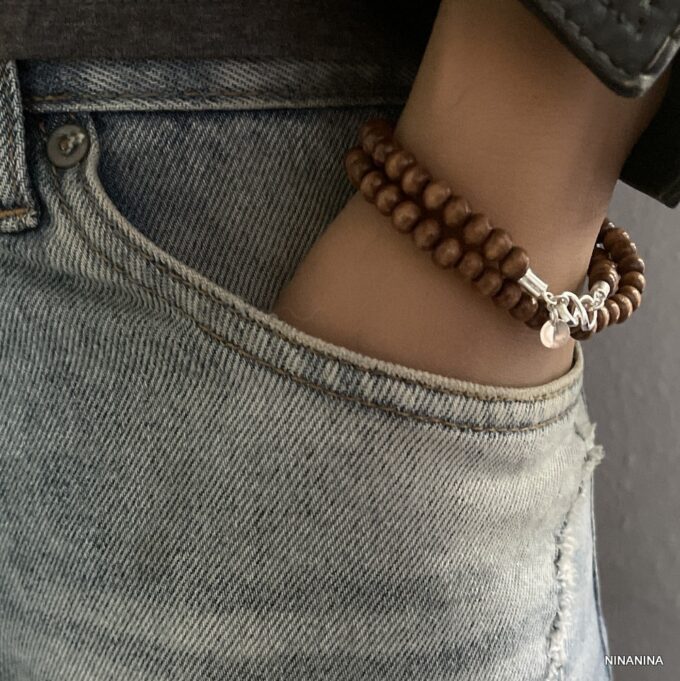 N3417e Bracelet Argent Infini Personnalisé Lettre Perles Bois - Bijoux Bracelets personnalisés en ligne Ninanina