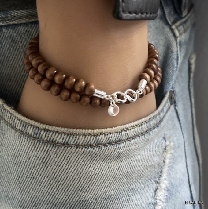 N3417f Bracelet Argent Infini Personnalisé Lettre Perles Bois - Bijoux Bracelets personnalisés en ligne Ninanina