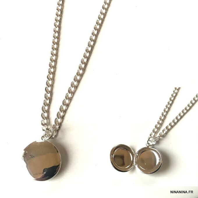 N3418a Collier photo homme pendentif rond Argent plaqué - Bijoux Colliers porte photo en ligne Ninanina