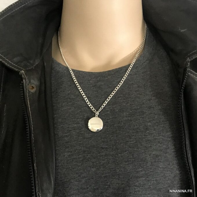 N3418b Collier photo homme pendentif rond Argent plaqué - Bijoux Colliers porte photo en ligne Ninanina
