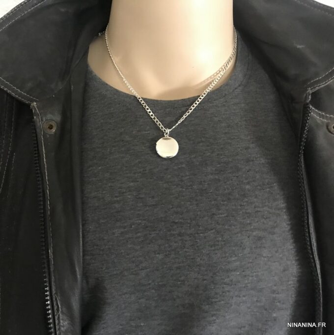 N3418e Collier photo homme pendentif rond Argent plaqué - Bijoux Colliers porte photo en ligne Ninanina