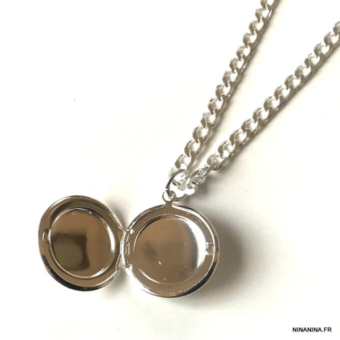 N3418h Collier photo homme pendentif rond Argent plaqué - Bijoux Colliers porte photo en ligne Ninanina