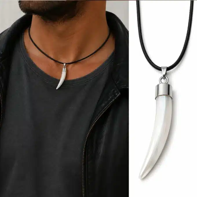 N3421a Collier homme pendentif dent de tigre en nacre blanche cordon cuir - Bijoux colliers hommes en ligne Ninanina