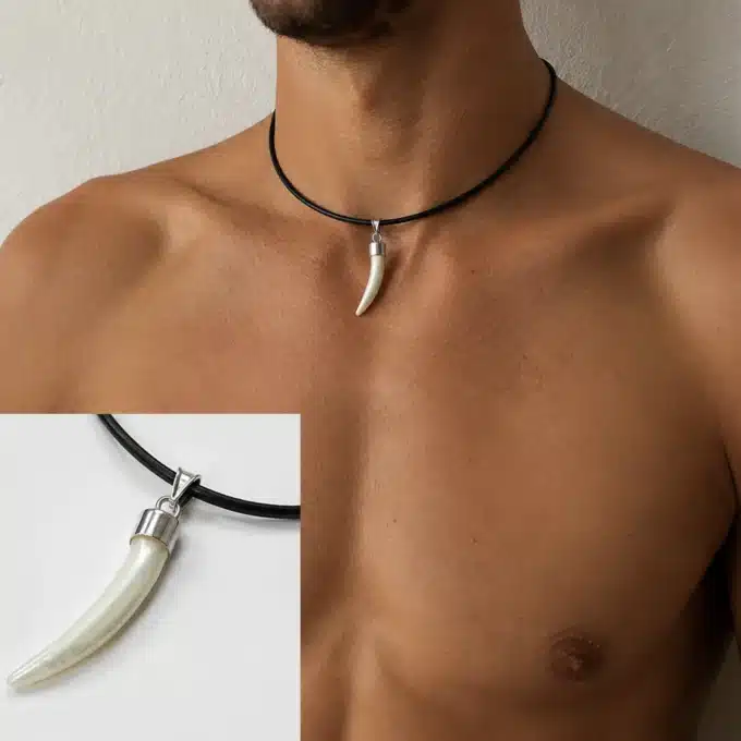 N3421c Collier homme pendentif dent de tigre en nacre blanche cordon cuir - Bijoux colliers hommes en ligne Ninanina