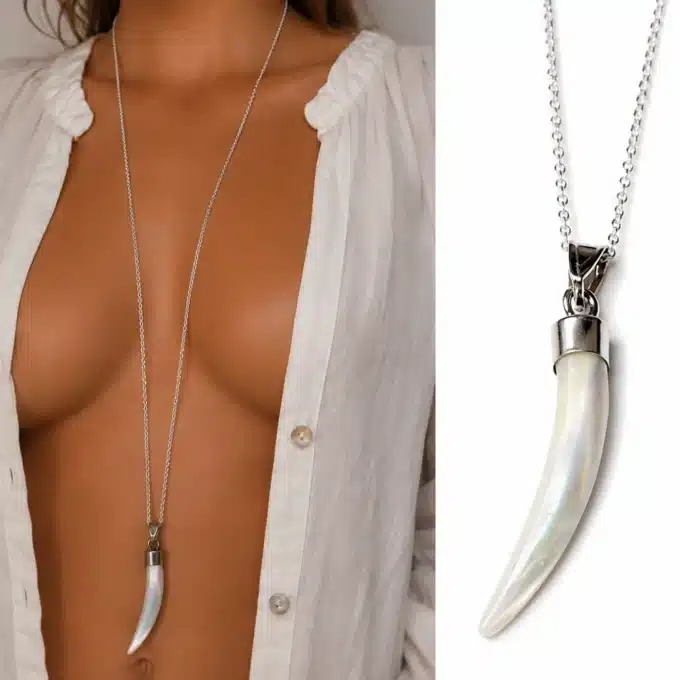 N3422 Collier long Sautoir Argent 925 - Pendentif corne nacre blanche - Bijoux colliers femmes en ligne Ninanina