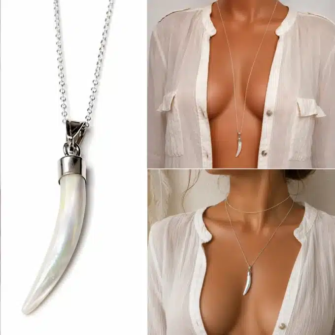 N3422c Collier long Sautoir Argent 925 - Pendentif corne nacre blanche - Bijoux colliers femmes en ligne Ninanina