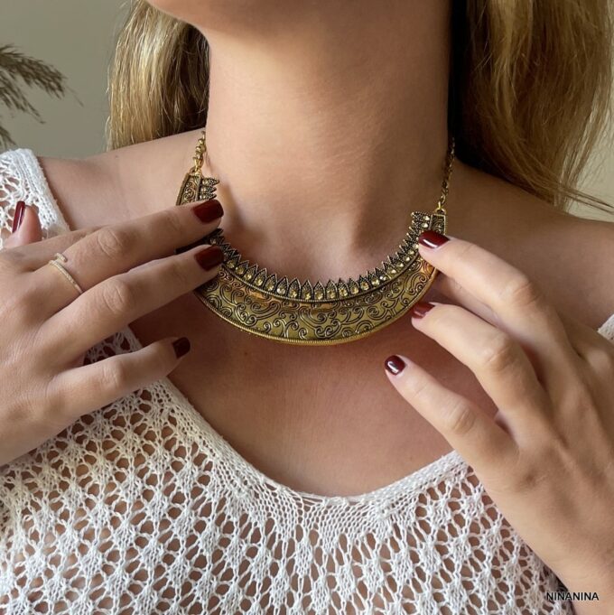 N3424b Collier Plastron Strass Or En Métal Doré Pour Femme - Bijoux Colliers Plastrons Ethniques en ligne Ninanina